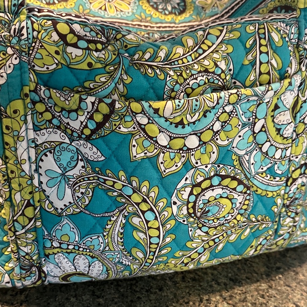 Vera Bradley Weekender Tote EUC Turquoise & Lime Paisley Extra Large Lots Pocket - Picture 2 of 11